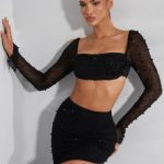 Embellished Cowl Neck Crop Top in Black