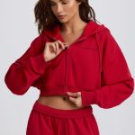 Cropped Zip-Up Hoodie in Hot Red - Image 7