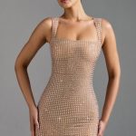 Embellished Square-Neck Mini Dress in Almond - Image 3