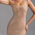 Embellished Square-Neck Mini Dress in Almond - Image 4