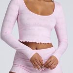 Long Sleeve Scoop Neck Pointelle Crop Top in Baby Pink