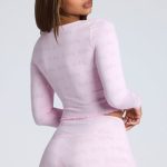 Long Sleeve Scoop Neck Pointelle Crop Top in Baby Pink - Image 2