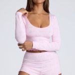 Long Sleeve Scoop Neck Pointelle Crop Top in Baby Pink - Image 5