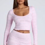 Long Sleeve Scoop Neck Pointelle Crop Top in Baby Pink - Image 7