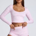 Long Sleeve Scoop Neck Pointelle Crop Top in Baby Pink - Image 8