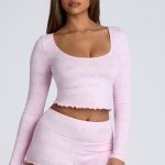 Long Sleeve Scoop Neck Pointelle Crop Top in Baby Pink - Image 9