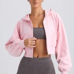 Zip-Up Cropped Hoodie in Washed Ice Pink - Image 5