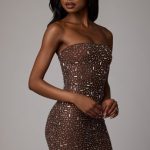 Sheer Embellished Bodycon Mini Dress in Deep Cocoa - Image 3