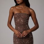 Sheer Embellished Bodycon Mini Dress in Deep Cocoa - Image 8