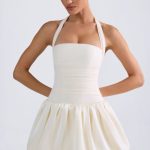 Halterneck Lace-Up Bubble Hem Corset Micro Mini Dress in Ivory