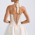 Halterneck Lace-Up Bubble Hem Corset Micro Mini Dress in Ivory - Image 2