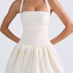Halterneck Lace-Up Bubble Hem Corset Micro Mini Dress in Ivory - Image 4