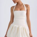Halterneck Lace-Up Bubble Hem Corset Micro Mini Dress in Ivory - Image 5