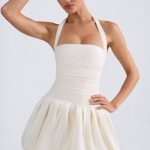 Halterneck Lace-Up Bubble Hem Corset Micro Mini Dress in Ivory - Image 6