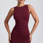 Modal High-Neck Open-Back Mini Dress in Plum