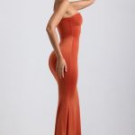 Slinky Jersey Hardware Detail Strapless Maxi Dress in Burnt Orange - Image 3