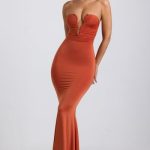 Slinky Jersey Hardware Detail Strapless Maxi Dress in Burnt Orange - Image 5