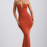 Slinky Jersey Hardware Detail Strapless Maxi Dress in Burnt Orange - Image 6