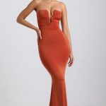 Slinky Jersey Hardware Detail Strapless Maxi Dress in Burnt Orange - Image 7