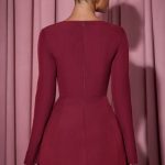 Square-Neck Structured Tulip Mini Dress in Wine Red - Image 2