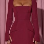 Square-Neck Structured Tulip Mini Dress in Wine Red - Image 4