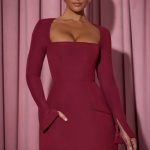 Square-Neck Structured Tulip Mini Dress in Wine Red - Image 5