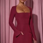 Square-Neck Structured Tulip Mini Dress in Wine Red - Image 6