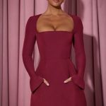 Square-Neck Structured Tulip Mini Dress in Wine Red - Image 7