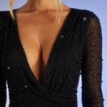 Embellished Wrap Over A-Line Mini Dress in Black - Image 4