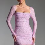 Embellished Draped Cowl-Neck Mini Dress in Peony Pink - Image 7