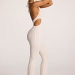Tall Textured Jersey Halter Neck Ruched Cut Out Jumpsuit in Ivory - Image 3