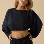 Oversized Long Sleeve Crop Top in Black - Image 6