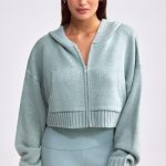 Cropped Zip-Up Chunky Knit Hoodie in Dusty Teal - Image 2
