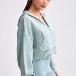 Cropped Zip-Up Chunky Knit Hoodie in Dusty Teal - Image 3