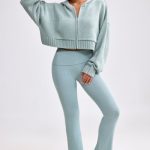 Cropped Zip-Up Chunky Knit Hoodie in Dusty Teal - Image 5