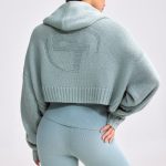 Cropped Zip-Up Chunky Knit Hoodie in Dusty Teal - Image 6