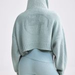 Cropped Zip-Up Chunky Knit Hoodie in Dusty Teal - Image 7