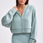 Cropped Zip-Up Chunky Knit Hoodie in Dusty Teal - Image 8
