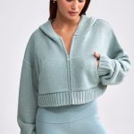 Cropped Zip-Up Chunky Knit Hoodie in Dusty Teal - Image 9