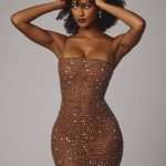Sheer Embellished Bodycon Mini Dress in Mocha - Image 6