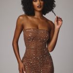 Sheer Embellished Bodycon Mini Dress in Mocha - Image 7