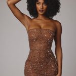 Sheer Embellished Bodycon Mini Dress in Mocha - Image 8