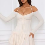 Off-Shoulder Tiered Corset Mini Dress in Ivory