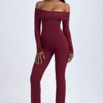Tall Modal Off-Shoulder Ruched Jumpsuit in Wine Red