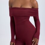 Tall Modal Off-Shoulder Ruched Jumpsuit in Wine Red - Image 5