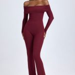 Tall Modal Off-Shoulder Ruched Jumpsuit in Wine Red - Image 6