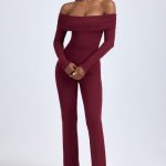 Tall Modal Off-Shoulder Ruched Jumpsuit in Wine Red - Image 7