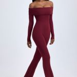 Tall Modal Off-Shoulder Ruched Jumpsuit in Wine Red - Image 8