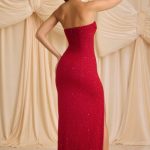 Embellished Strapless Cowl-Neck Maxi Dress in True Red - Image 3