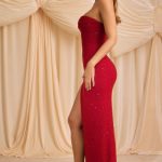 Embellished Strapless Cowl-Neck Maxi Dress in True Red - Image 4